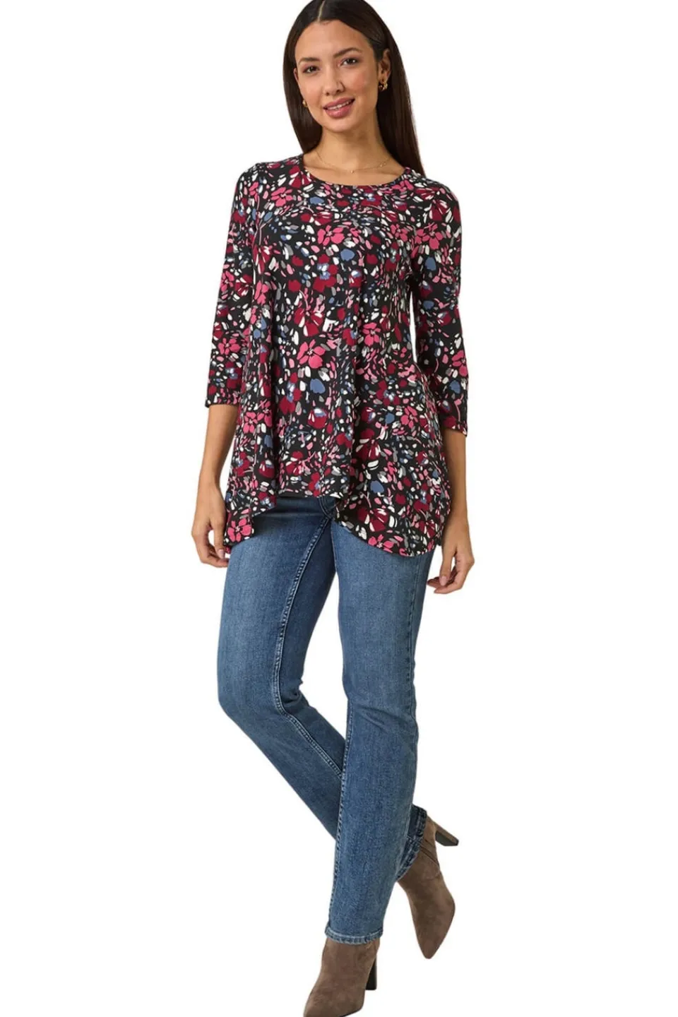 Tops>Roman Pink Floral Print Swing Stretch Tunic Top