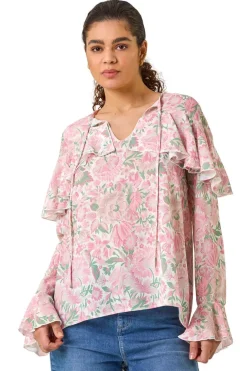 Tops>Roman Pink Floral Print Tie Front Top