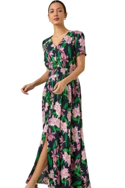 Dresses>Roman Pink Floral Shirred Maxi Dress