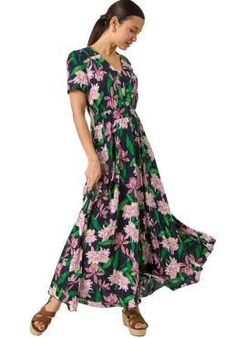Dresses>Roman Pink Floral Shirred Maxi Dress