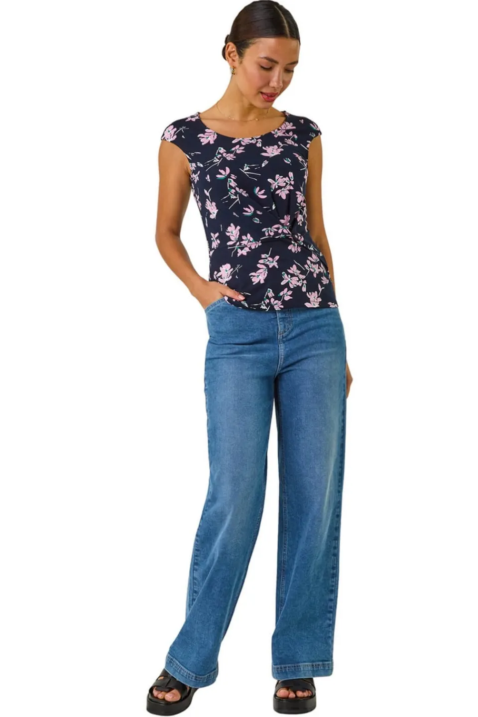 T-Shirts>Roman Pink Floral Twist Front Top