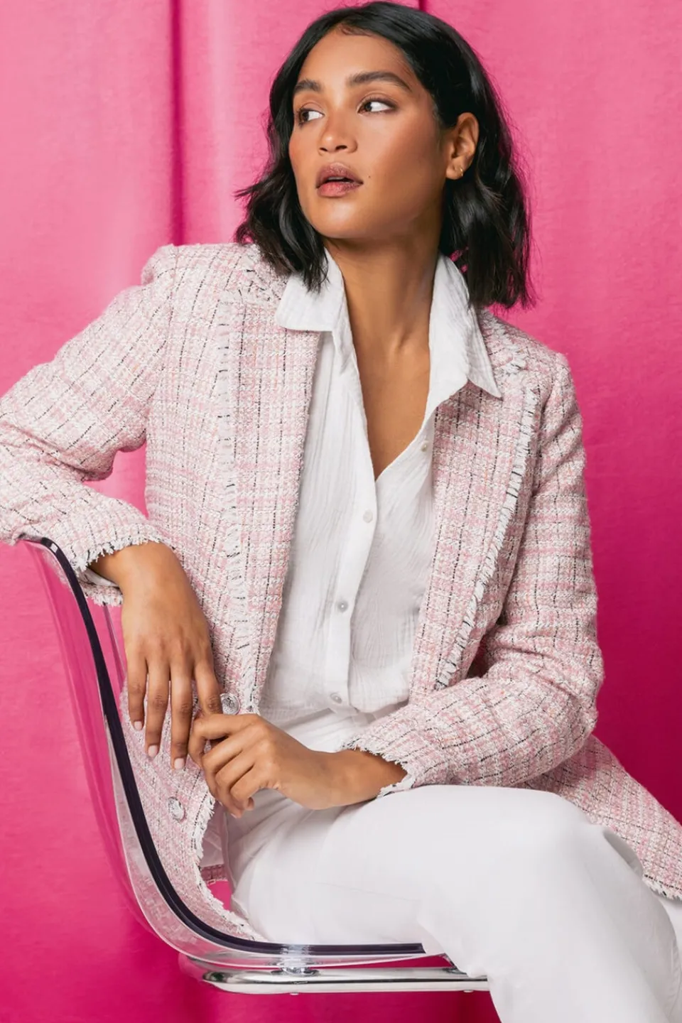 Coats & Jackets>Roman Pink Frayed Edge Boucle Check Jacket