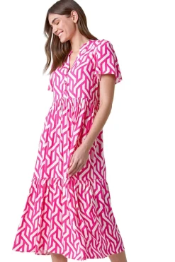 Dresses>Roman Pink Geometric Print Tiered Midi Dress