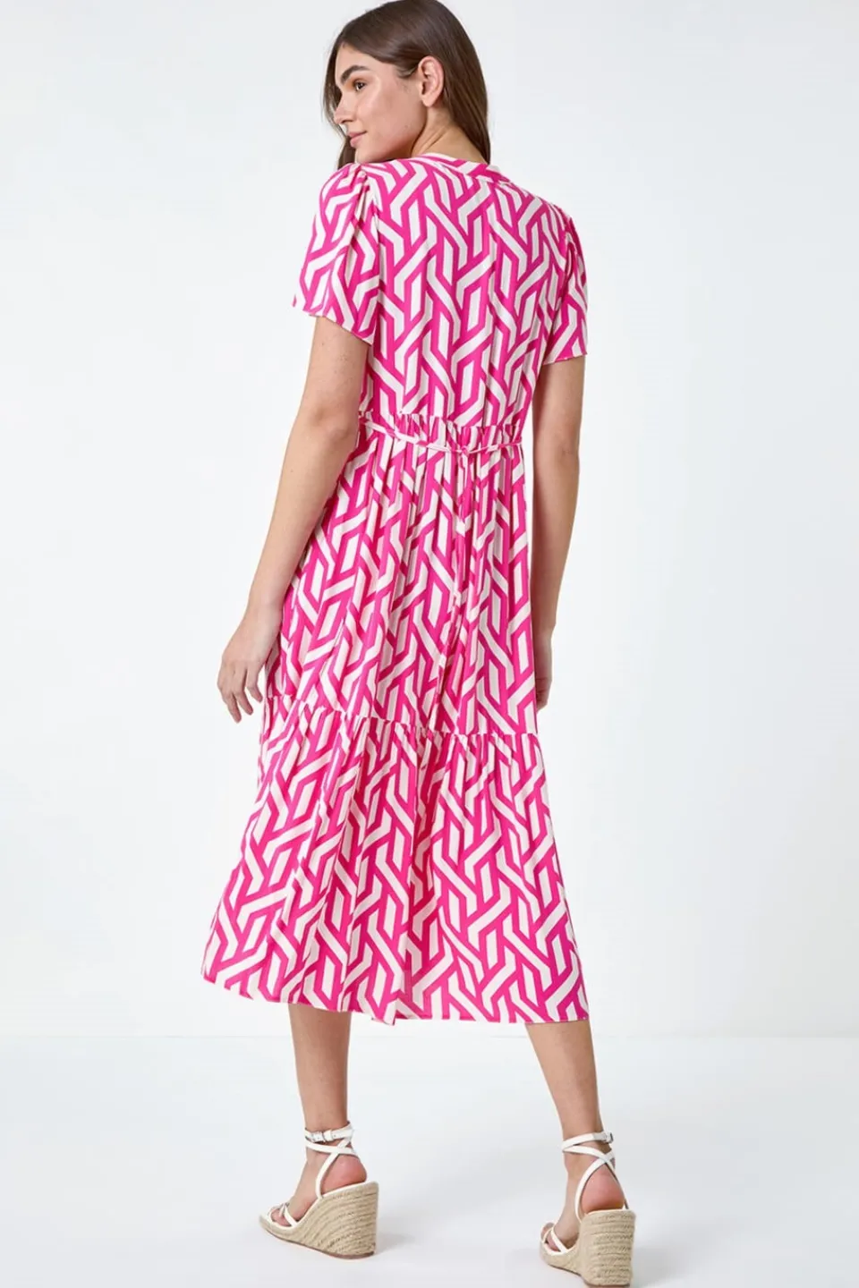 Dresses>Roman Pink Geometric Print Tiered Midi Dress