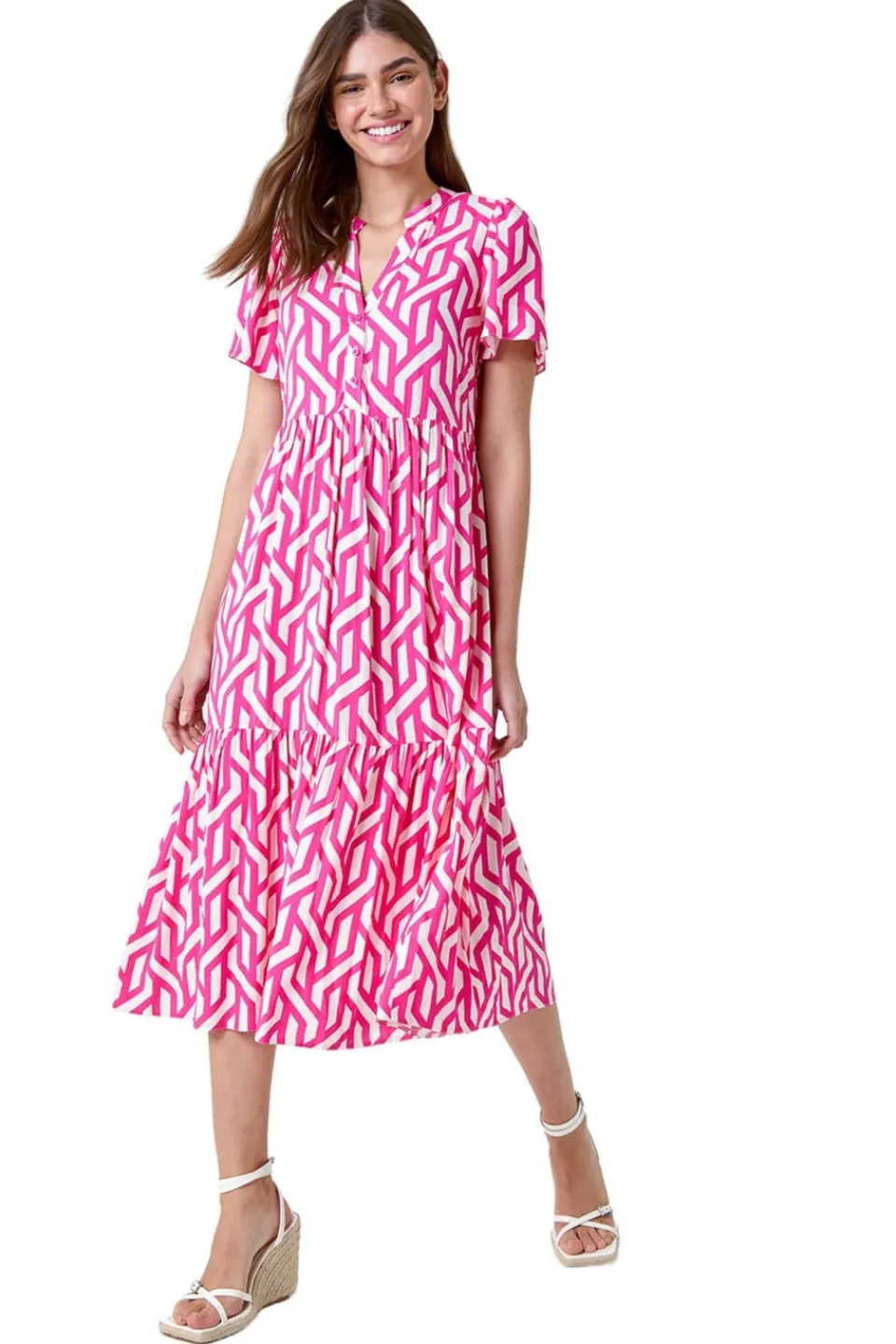 Dresses>Roman Pink Geometric Print Tiered Midi Dress
