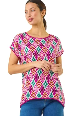 T-Shirts>Roman Pink Ikat Print Bobble Trim Tee