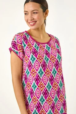 T-Shirts>Roman Pink Ikat Print Bobble Trim Tee