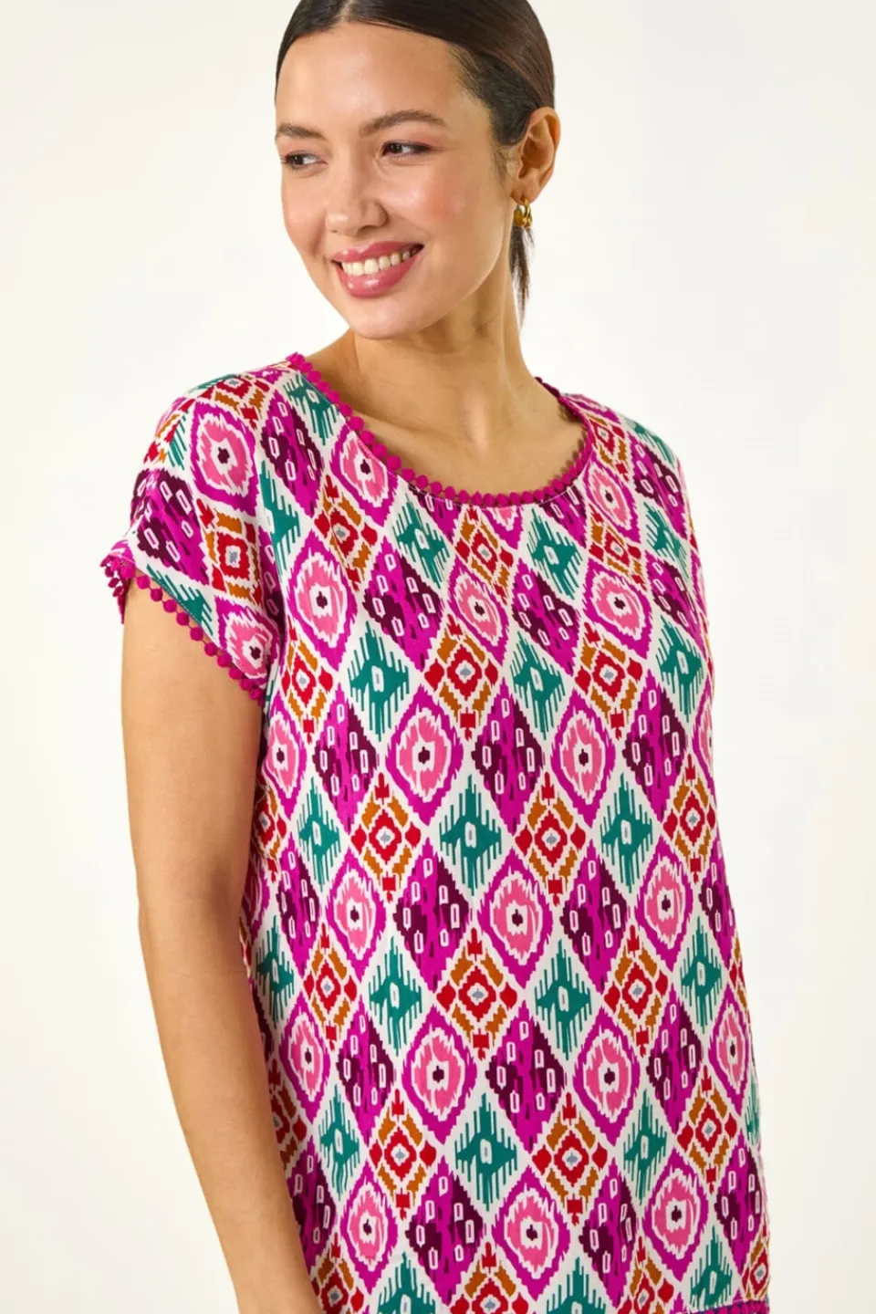 T-Shirts>Roman Pink Ikat Print Bobble Trim Tee