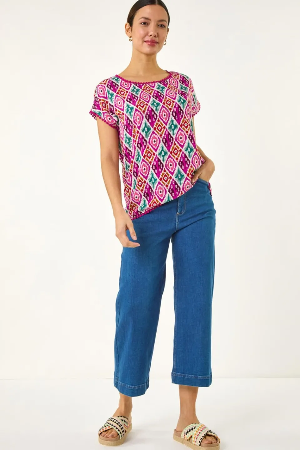 T-Shirts>Roman Pink Ikat Print Bobble Trim Tee