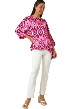 Tops>Roman Pink Ikat Print Tunic Top