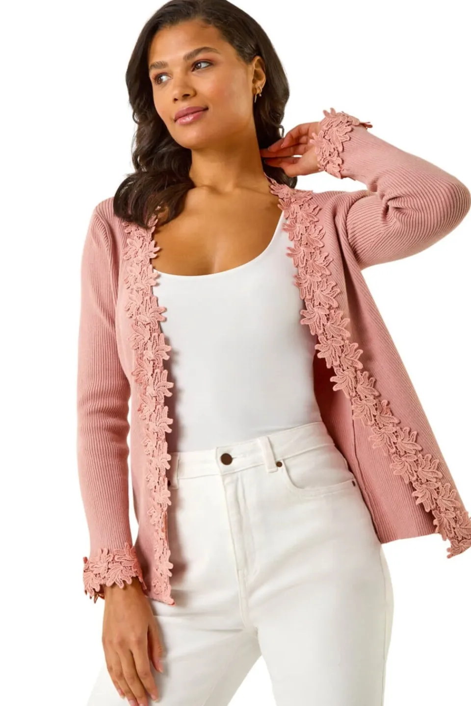 Tops>Roman Pink Lace Trim Knit Cardigan