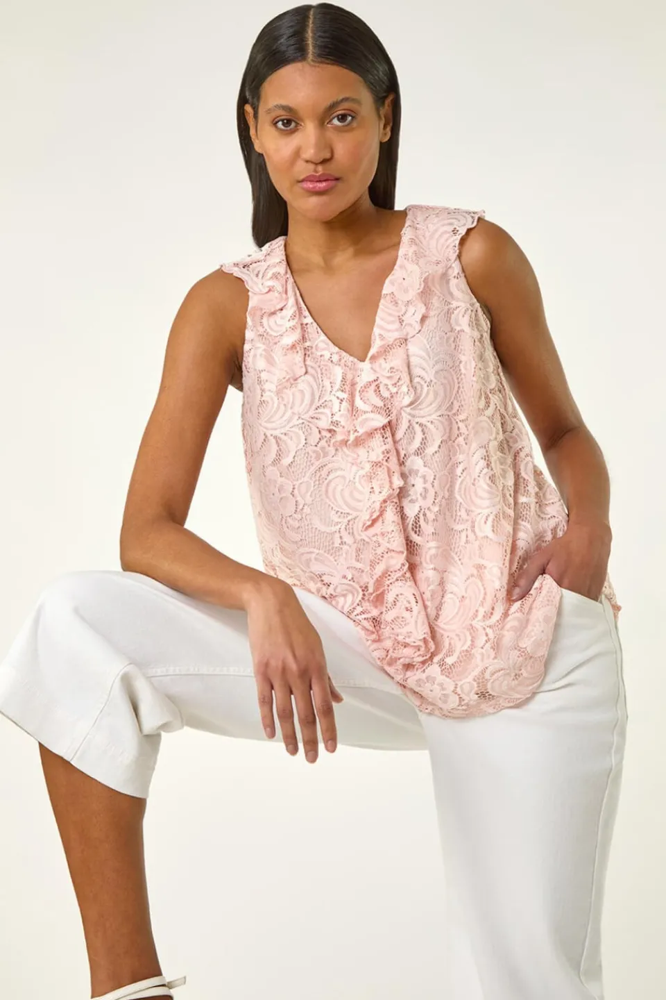 Tops>Roman Pink Lace V-Neck Ruffle Front Top