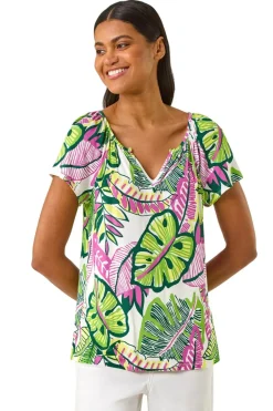 Tops>Roman Pink Leaf Print V Neck Stretch Top