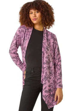 Tops>Roman Pink Linear Floral Print Gathered Cardigan