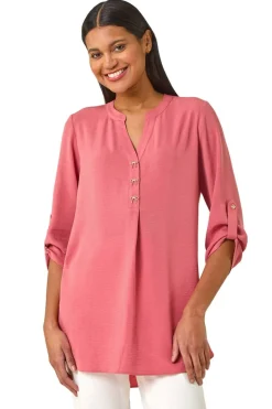 Tops>Roman Pink Longline Bow Button Tunic Top