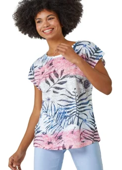 T-Shirts>Roman Pink Palm Print Burnout T-Shirt
