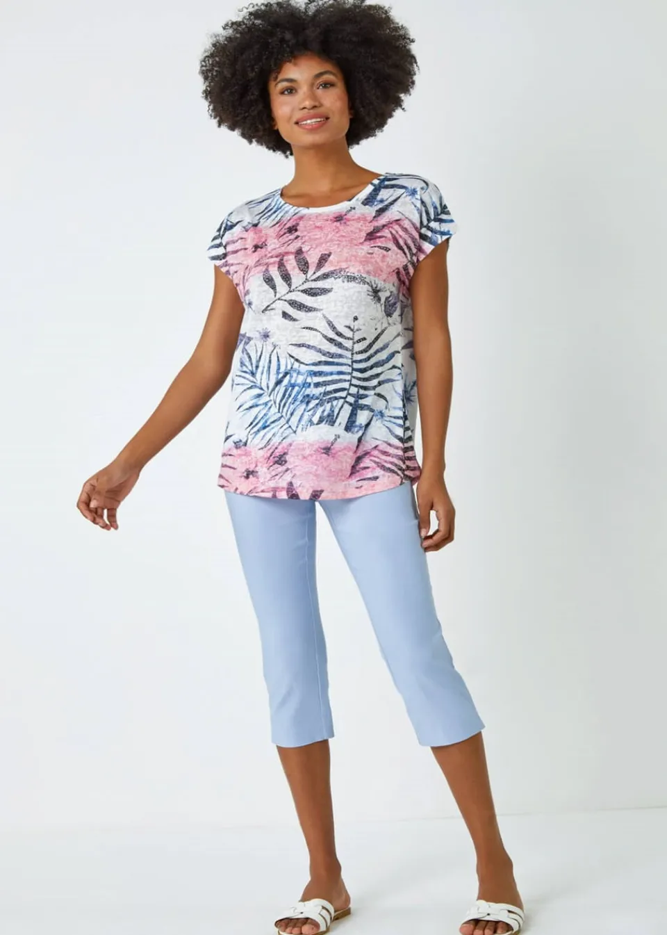 T-Shirts>Roman Pink Palm Print Burnout T-Shirt