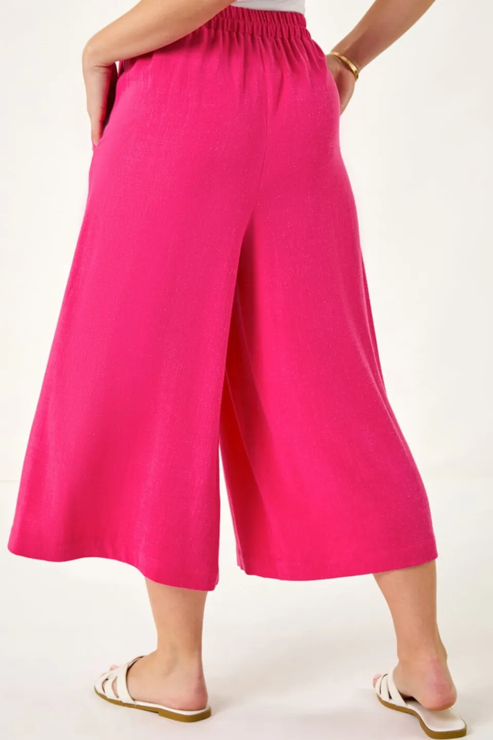 Trousers>Roman Pink Petite Elasticated Waist Linen Mix Culotte