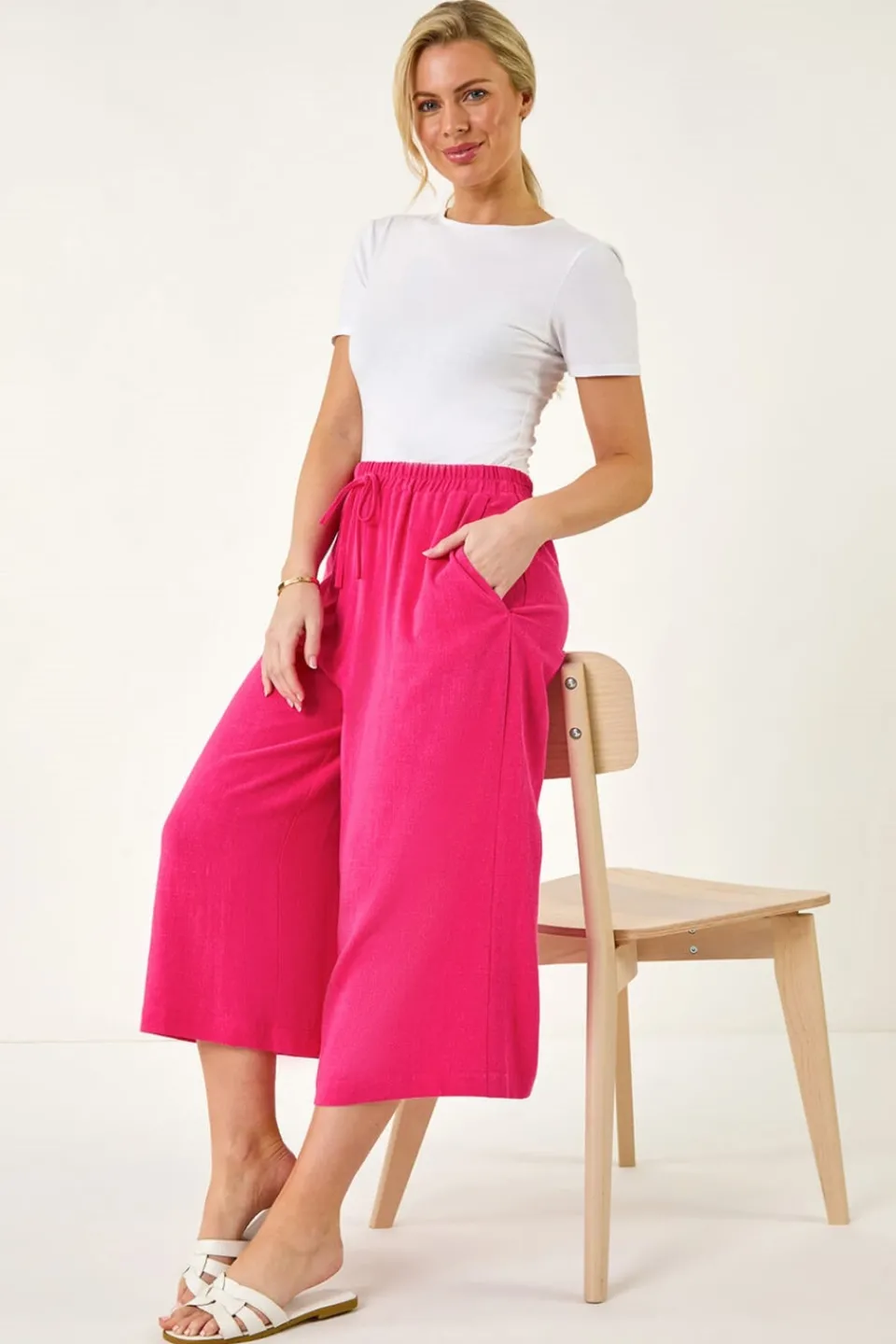 Trousers>Roman Pink Petite Elasticated Waist Linen Mix Culotte