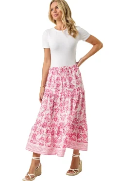 Skirts>Roman Pink Petite Floral Print Tie Midi Skirt