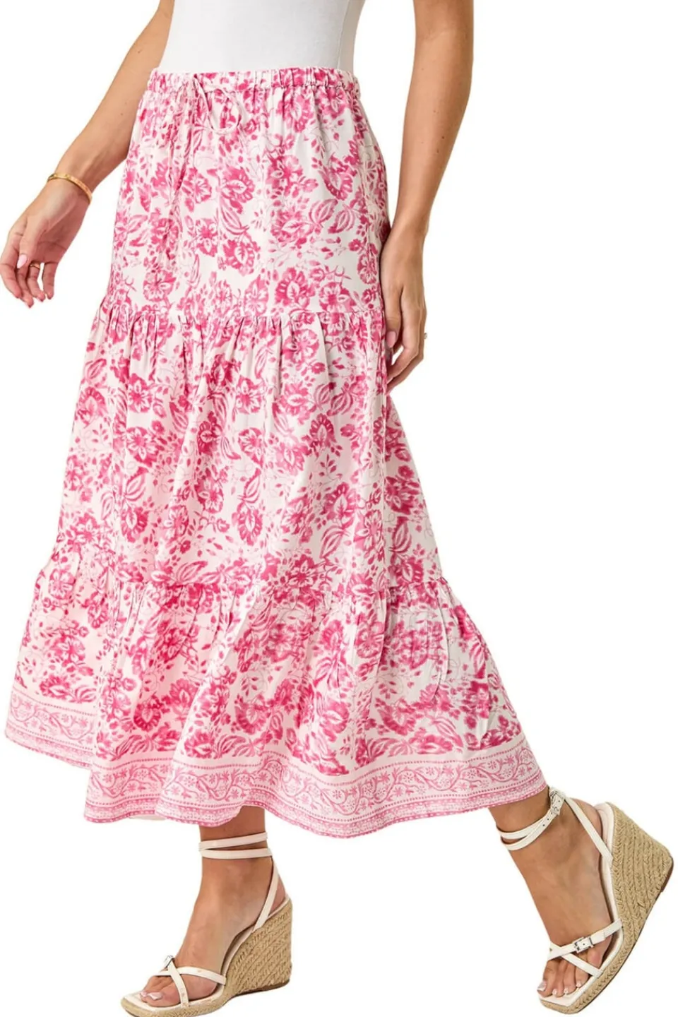 Skirts>Roman Pink Petite Floral Print Tie Midi Skirt