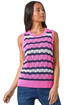 Tops>Roman Petite Stripe Knitted Vest Pink