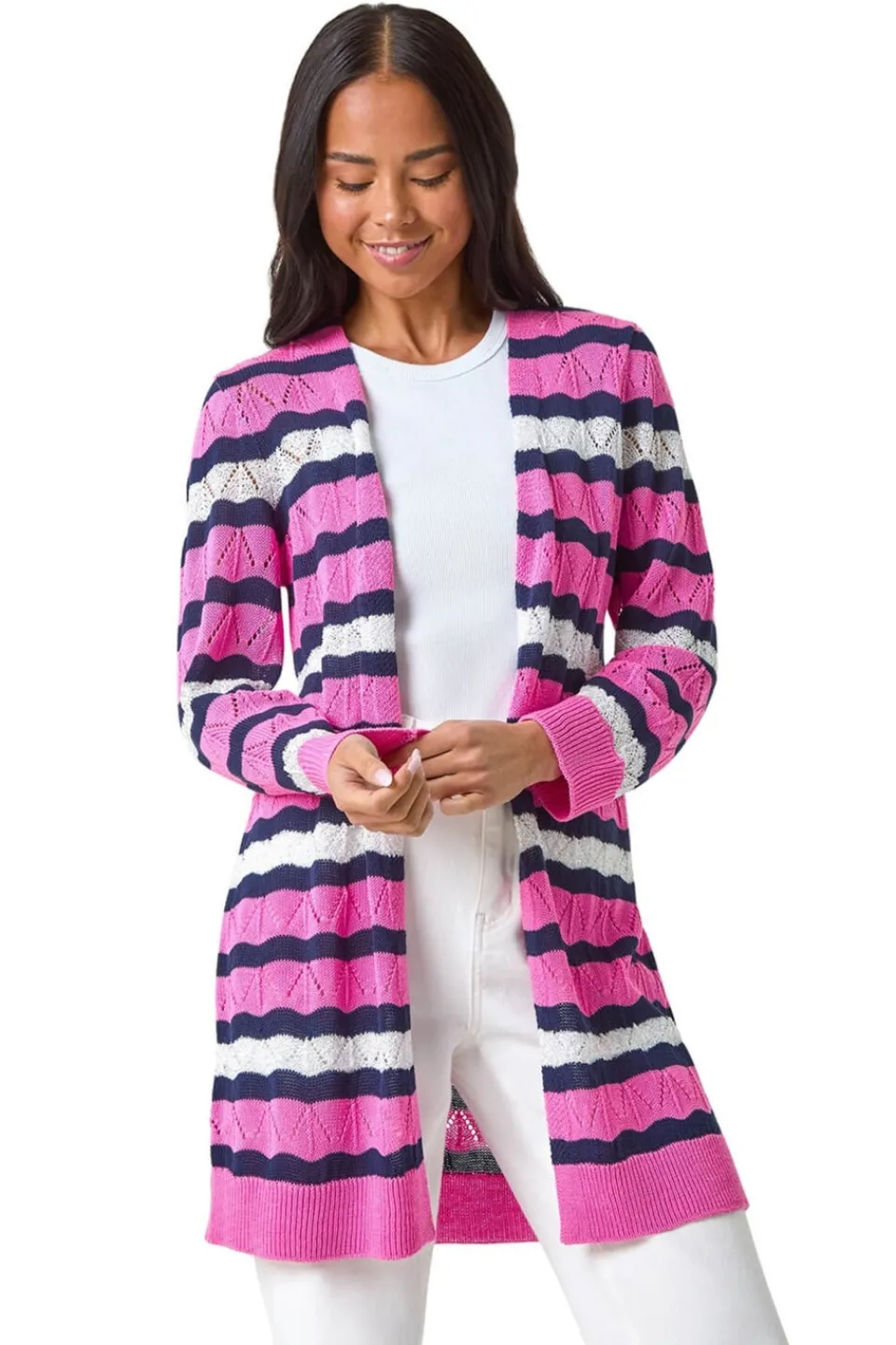 Tops>Roman Pink Petite Stripe Pointelle Knit Cardigan