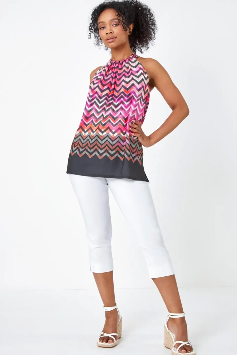 Tops>Roman Pink Petite Zig Zag Print Halterneck Top