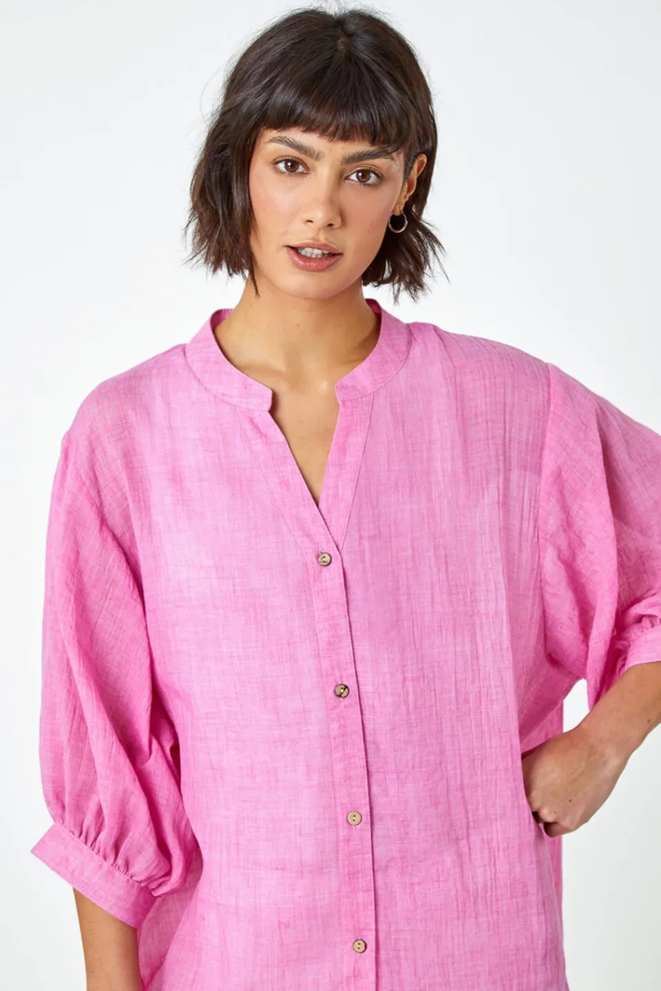 Tops>Roman Pink Plain Oversized Cotton Blend Shirt