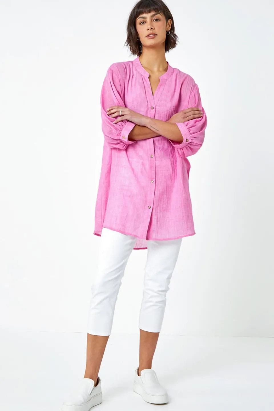 Tops>Roman Pink Plain Oversized Cotton Blend Shirt