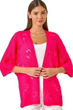 Tops>Roman Pink Pointelle Heart Knit Cardigan
