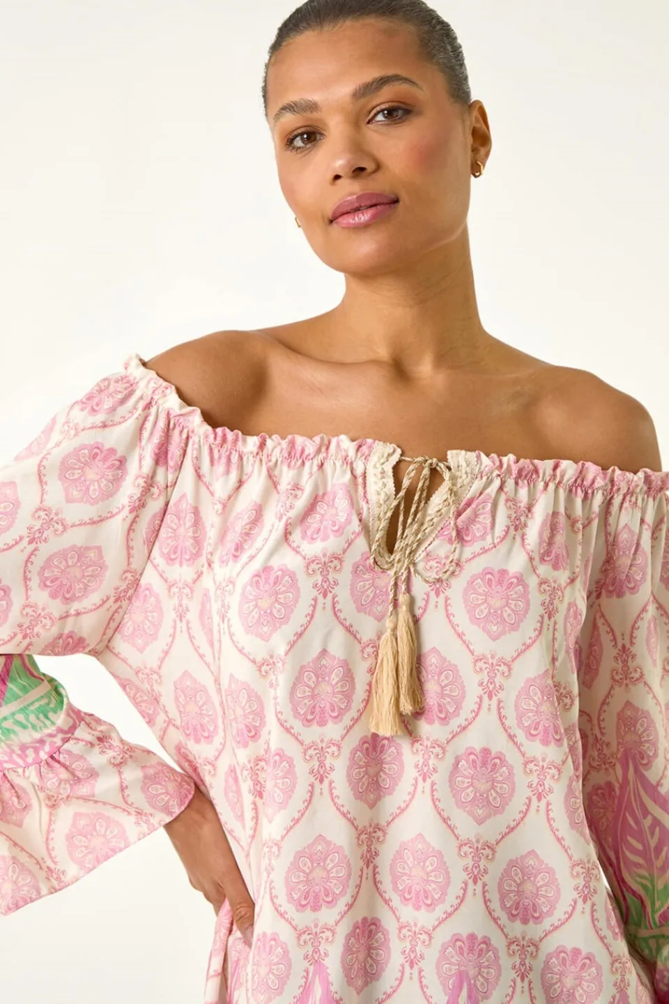 Tops>Roman Pink Printed Bardot Tie Neck Top