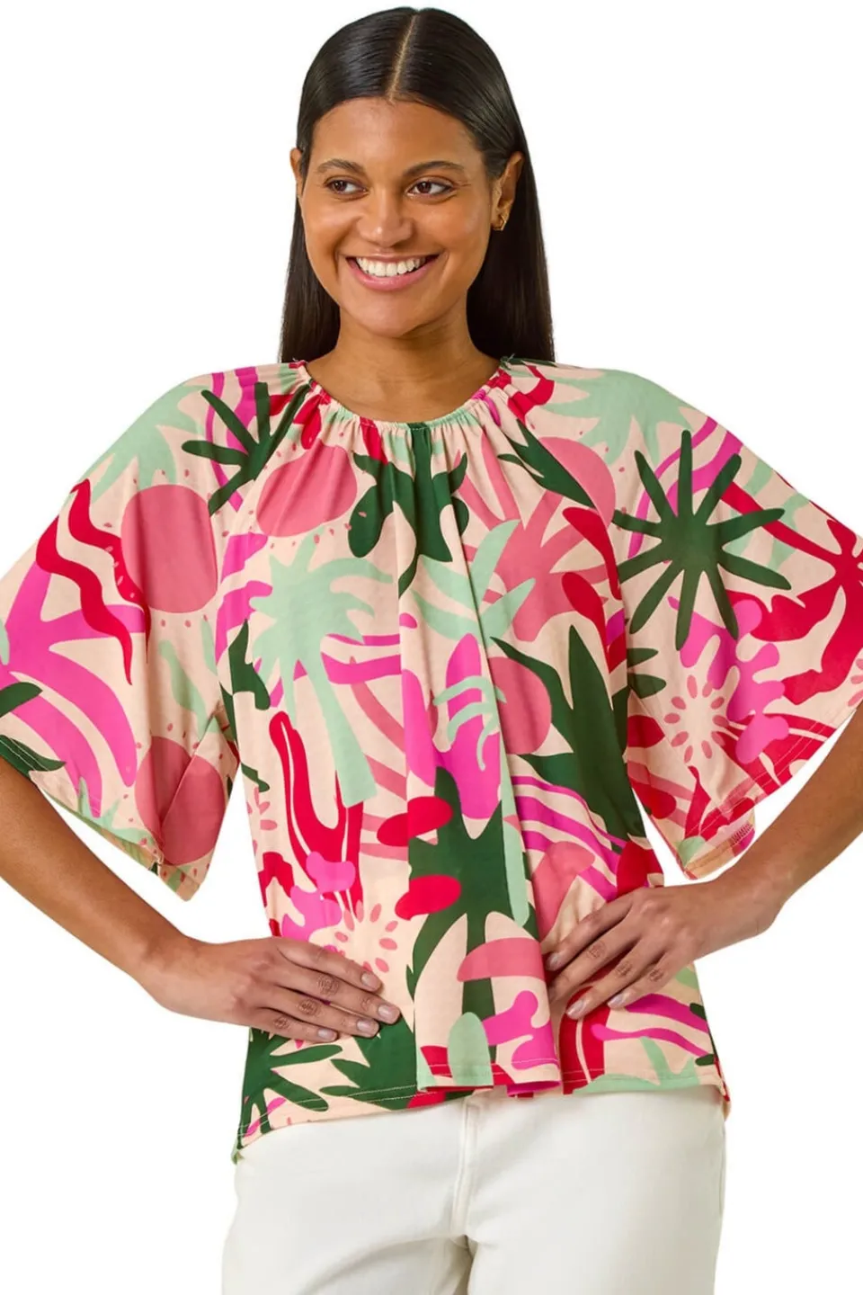 Tops>Roman Pink Printed Raglan Sleeve Stretch Top