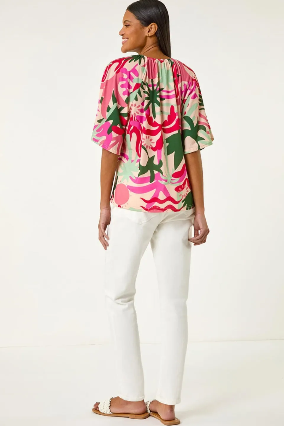 Tops>Roman Pink Printed Raglan Sleeve Stretch Top