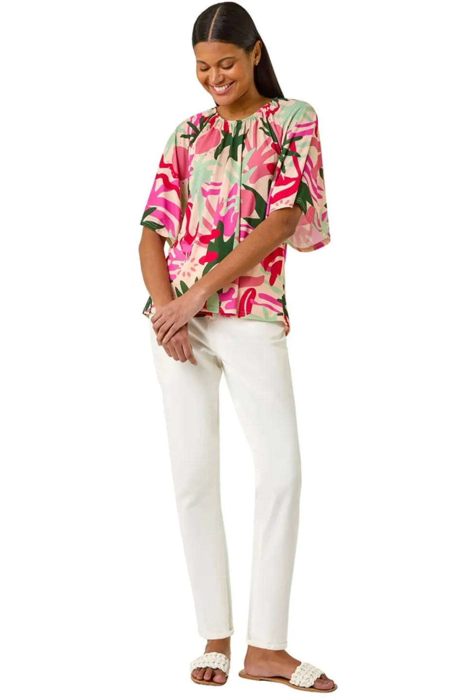 Tops>Roman Pink Printed Raglan Sleeve Stretch Top