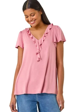 T-Shirts>Roman Pink Ruffle Front Stretch Top