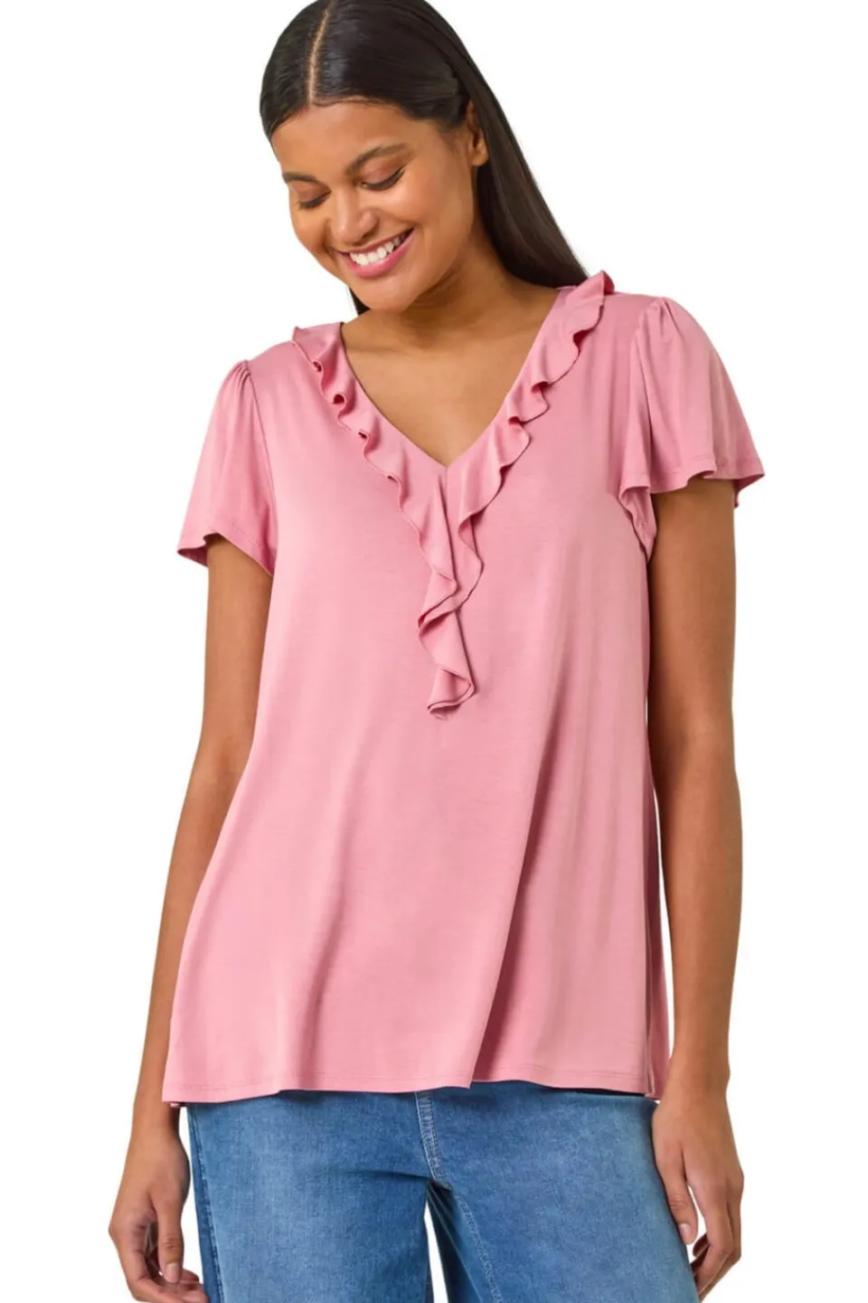 T-Shirts>Roman Pink Ruffle Front Stretch Top