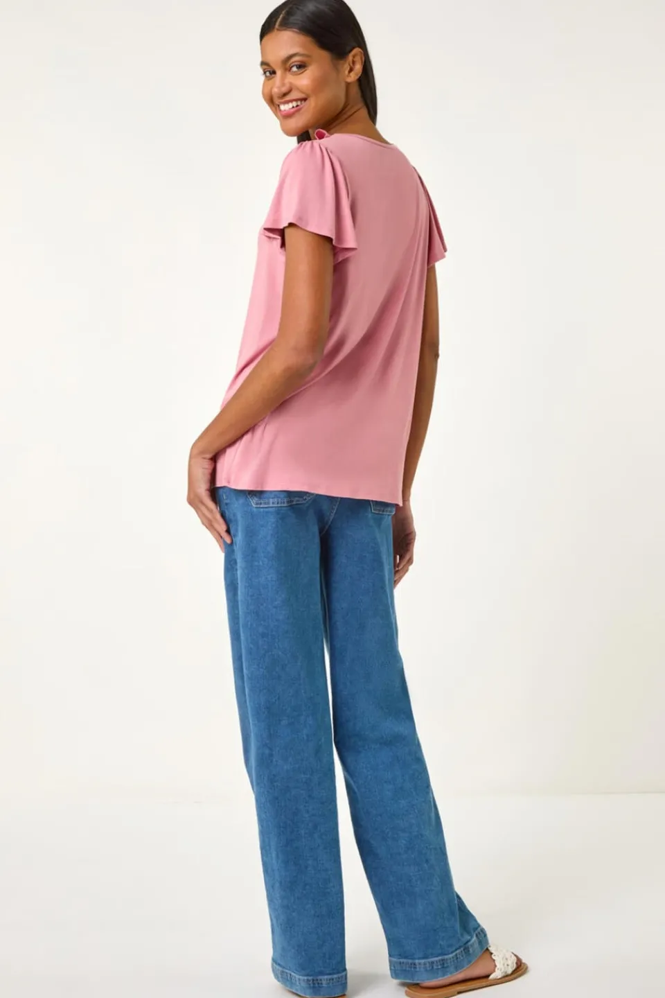 T-Shirts>Roman Pink Ruffle Front Stretch Top
