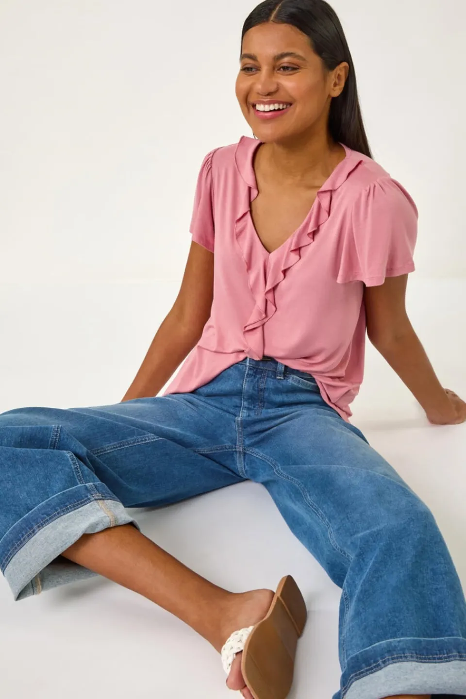 T-Shirts>Roman Pink Ruffle Front Stretch Top