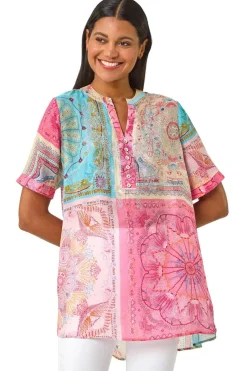 Tops>Roman Pink Scarf Print Hotfix Buttoned Top
