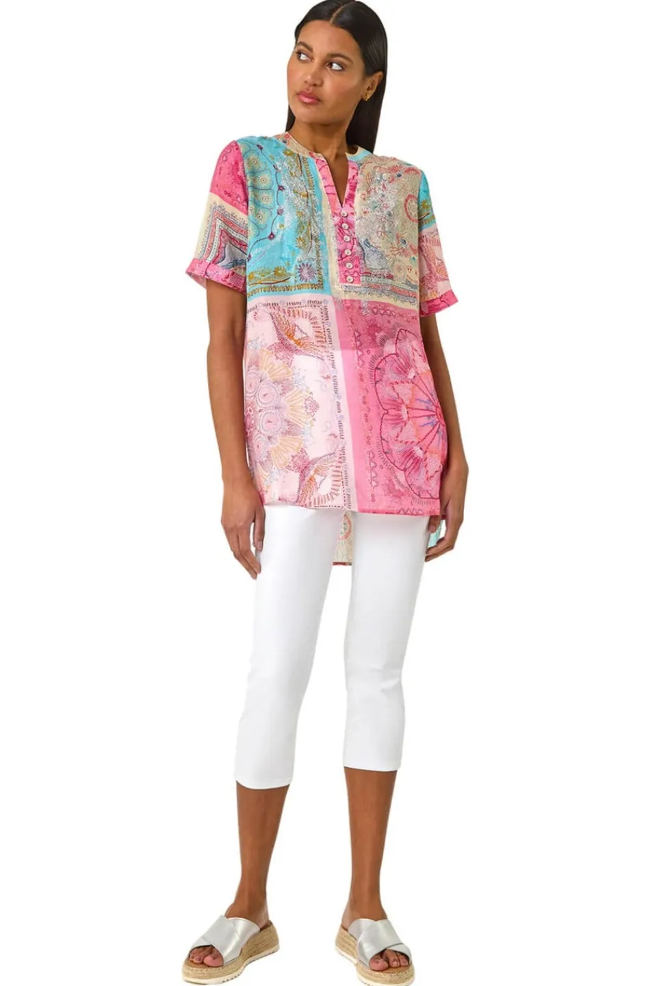 Tops>Roman Pink Scarf Print Hotfix Buttoned Top