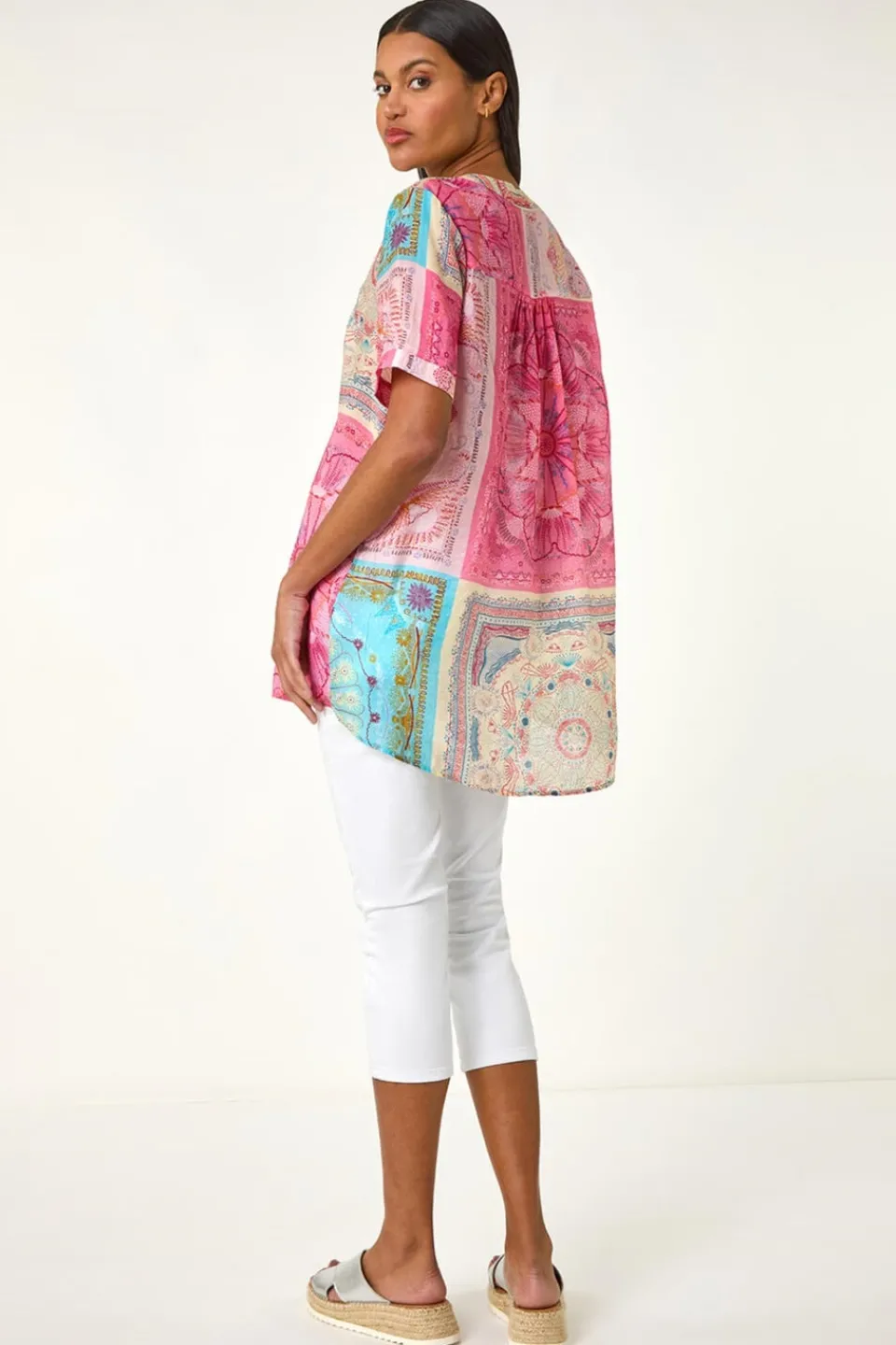 Tops>Roman Pink Scarf Print Hotfix Buttoned Top