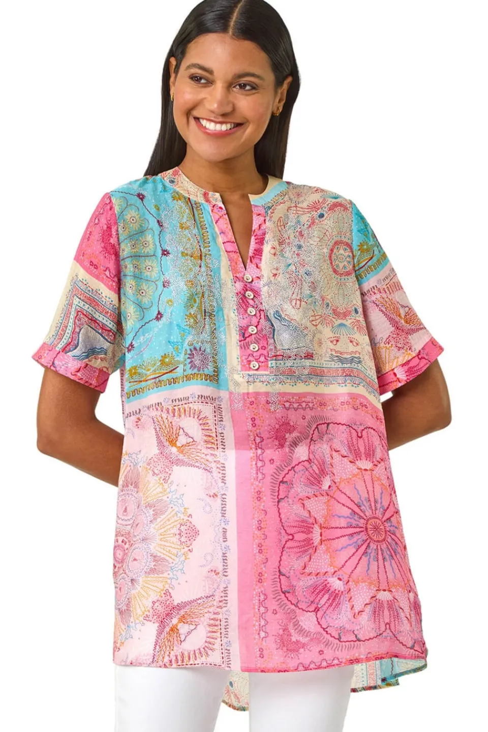 Tops>Roman Pink Scarf Print Hotfix Buttoned Top
