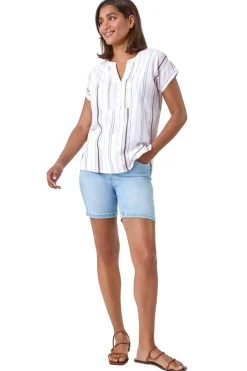 Tops>Roman Pink Stripe Print Button Detail V-Neck Top