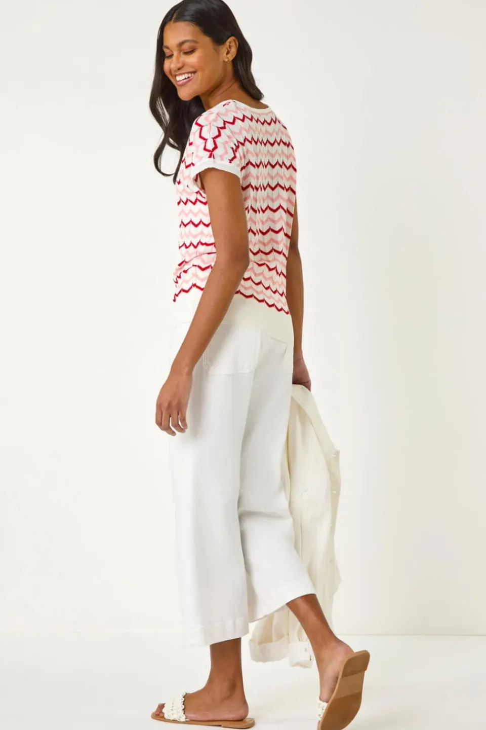 T-Shirts>Roman Pink Textured Chevron Contrast Top