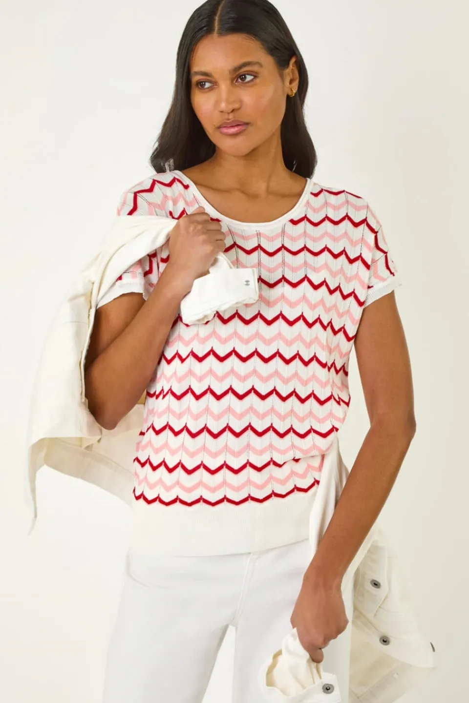 T-Shirts>Roman Pink Textured Chevron Contrast Top