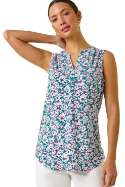 Tops>Roman Pink Textured Floral Print Vest Top