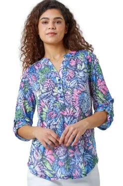 Tops>Roman Pink  Textured Floral Print Stretch Tunic Shirt