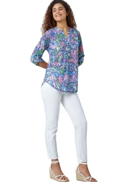 Tops>Roman Pink  Textured Floral Print Stretch Tunic Shirt
