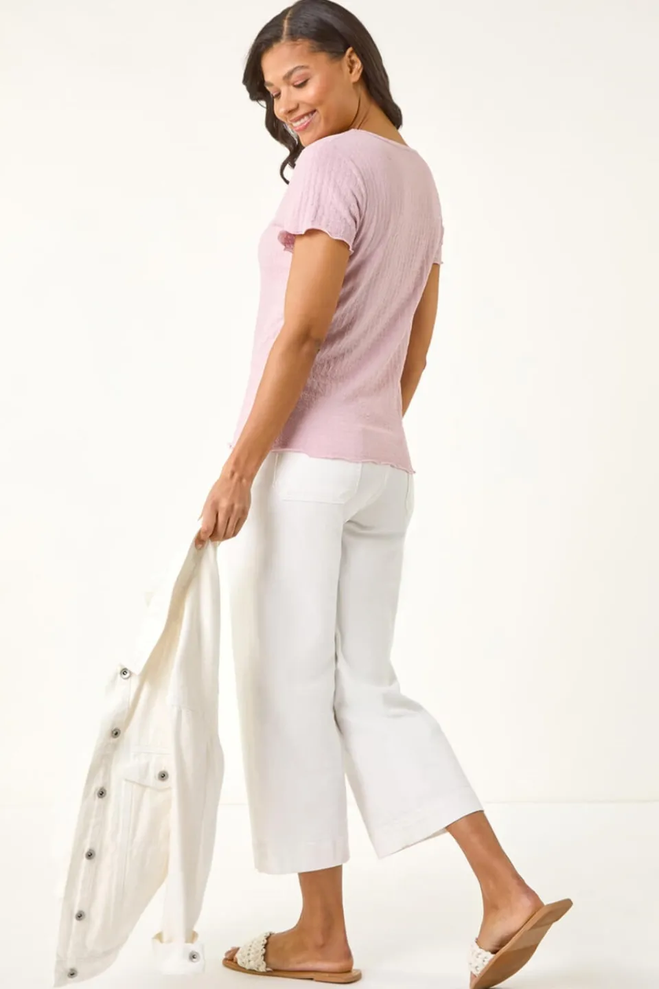 T-Shirts>Roman Pink Textured Lettuce Edge Top